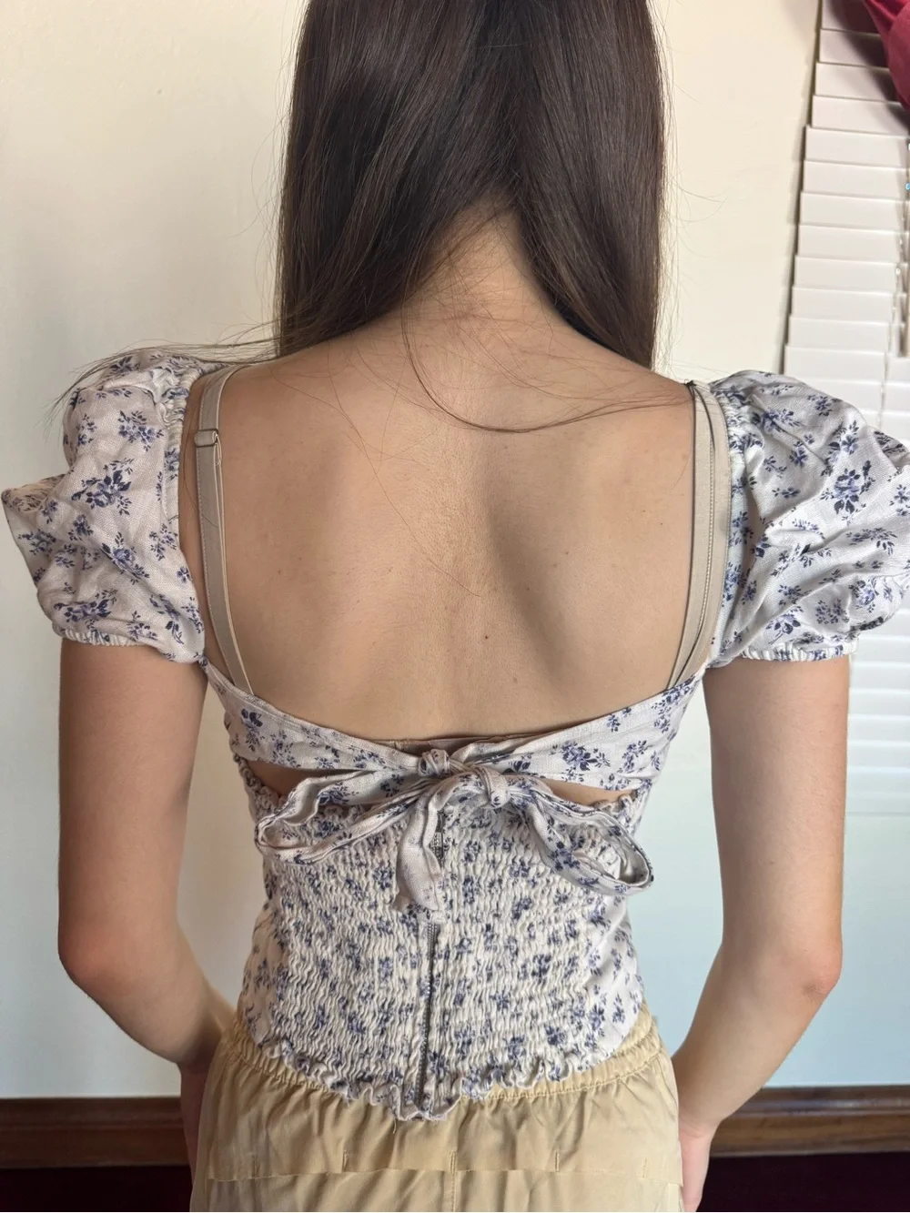 Reformation Cream Top with Blue Floral Print and Puff Sleeves